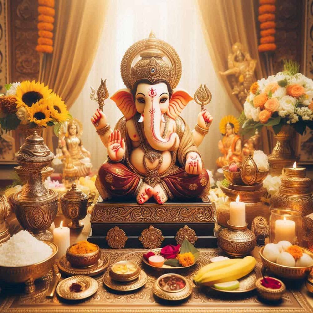 A picture of a Ganesha puja ceremony, showing the rituals and offerings.